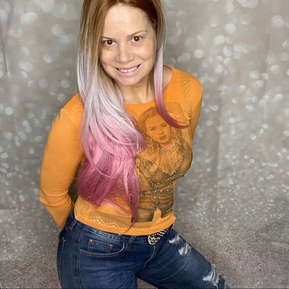 Long Sleeve Orange Mesh Embellished Top - Picture 15 of 15